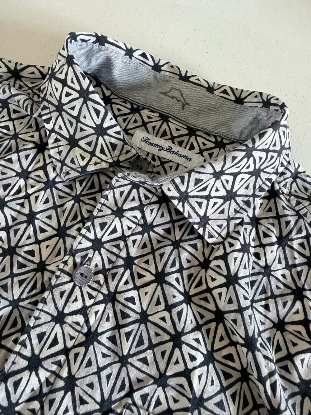 Tommy Bahama Island Breeze Black/Cream Geometric Camp Shirt. Silk/Cool Max Blend